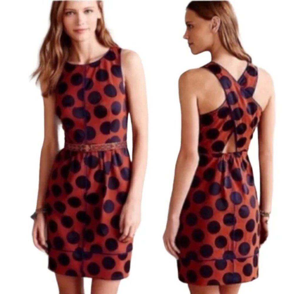 Anthropologie Maeve Rokin Dress Polka Dot Sleeveless Cross Back Blue Orange Sz 4